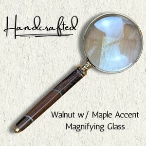 Walnut & Maple Wood Handle Magnifying Glass 7" Handcrafted USA Handheld Gift